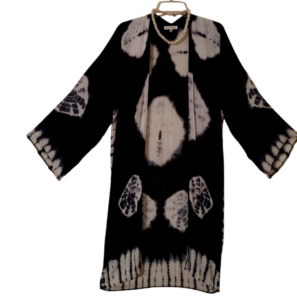 Woven Heart Over Lay Duster Cover Up Tie Dye Black White Small Medium